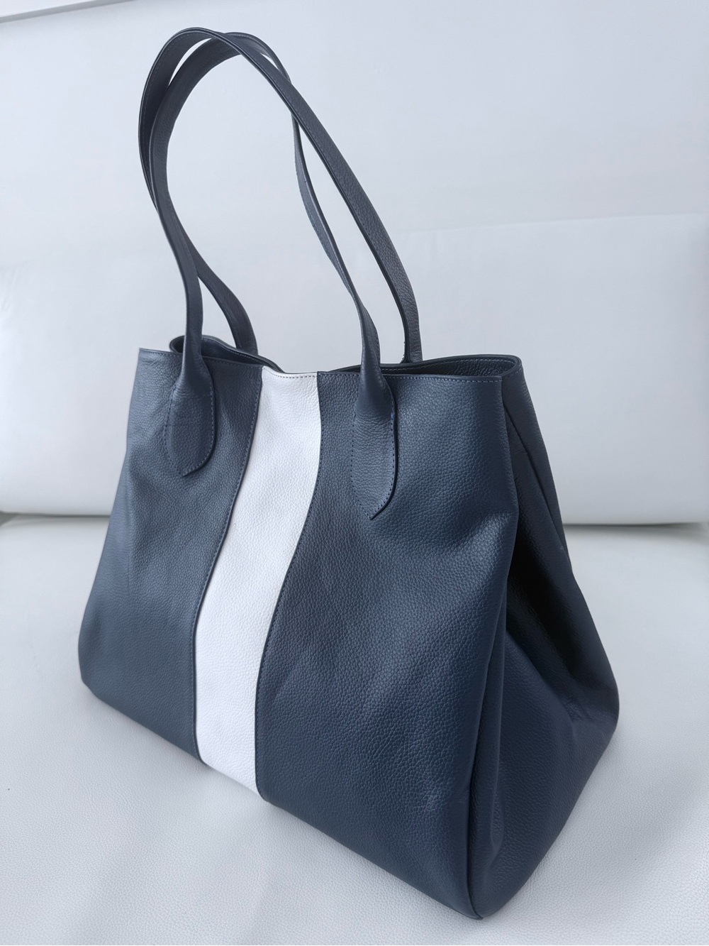 Classic Navy Tote with White Center Stripe - Women's 100%  Leather Shoulder Bag - Picture 2 of 16